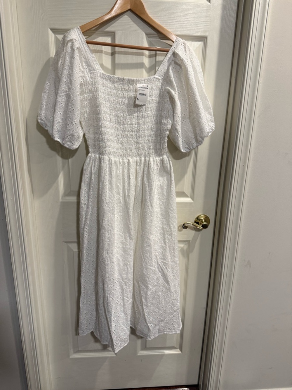 MELLODAY White Eyelet Midi Dress with Puff Sleeves